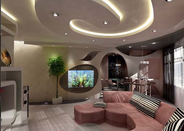 Необычный дизайн зала или гостиной Многоуровневый потолок в прихожей